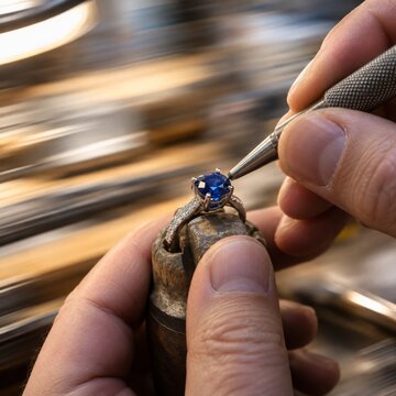 Jeweler Setting Blue Gemstone into Ring
