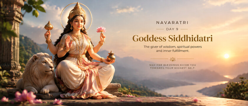 Goddess Siddhidatri sitting gracefully with a loyal lion during the ninth day of Navaratri celebrations at sunrise