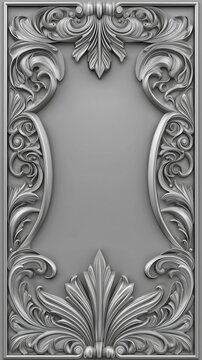 Vertical ornate white rococo frame with intricate floral carving on light wall background