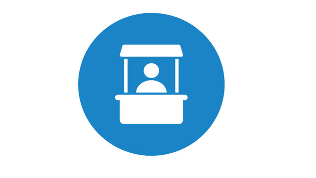 Information booth icon featuring a stylized person figure inside a bright blue circle design
