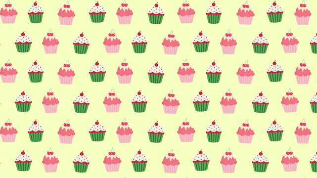 Seamless looping pattern of illustrated cupcakes on yellow background