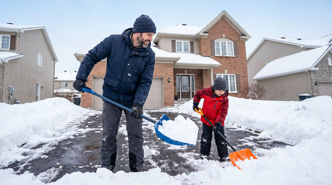 Father and young son shoveling heavy snow together from driveway outside suburban home.