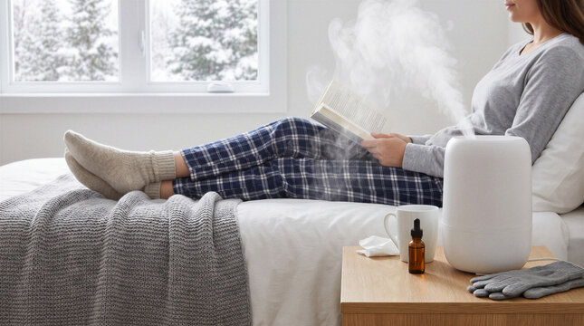 Woman relaxing in bed beside humidifier producing mist during dry winter indoor conditions.