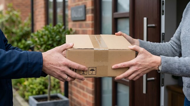 Hands exchanging a cardboard delivery package at a house entrance during daytime with shallow depth of field