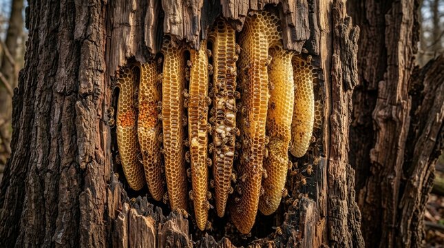 Wild honey bee colony building wax honeycomb inside a hollow tree trunk