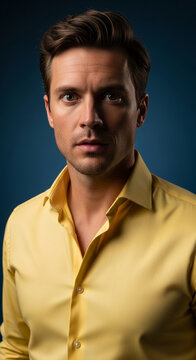 Portrait of a man with brown hair wearing a yellow shirt, facing forward with a neutral expression, representing professionalism and confidence.