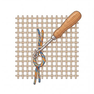 Latch hook tool with yarn and canvas for rug making illustration