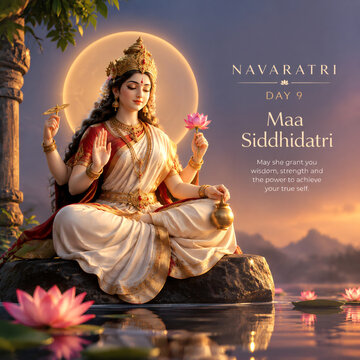 Divine goddess Maa Siddhidatri sitting peacefully on stone holding pink lotus flower during ninth day of festival celebration