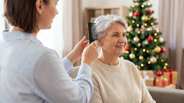 Caregiver gently combing senior woman hair at home beside christmas tree during supportive holiday personal care.