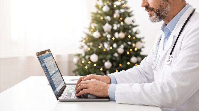 Doctor working on laptop in bright clinic beside decorated christmas tree during holiday season.