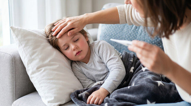 Caregiver checking sleeping child temperature with digital thermometer while resting in bed under blanket at home.