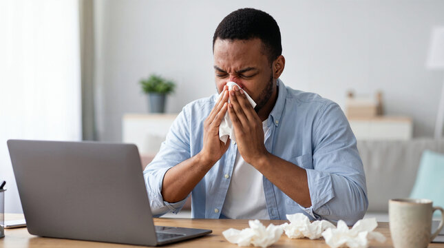 Sick black man sneezing into tissue while working remotely on laptop from home during seasonal respiratory illness.