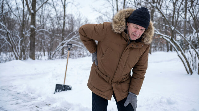 Older man suffering lower back pain after shoveling snow outdoors during harsh winter weather.