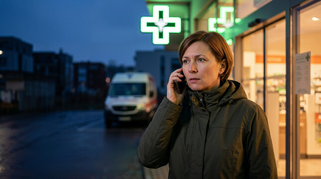 Concerned woman making urgent phone call outside illuminated pharmacy at night with emergency vehicle nearby and copy space.