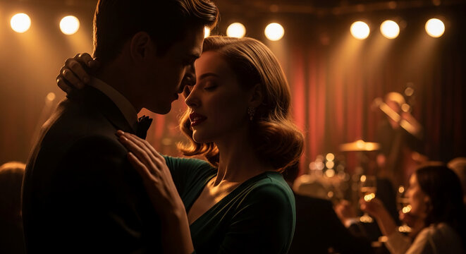 Couple dancing intimately under warm stage lights, representing romance, love, and a classic celebration.