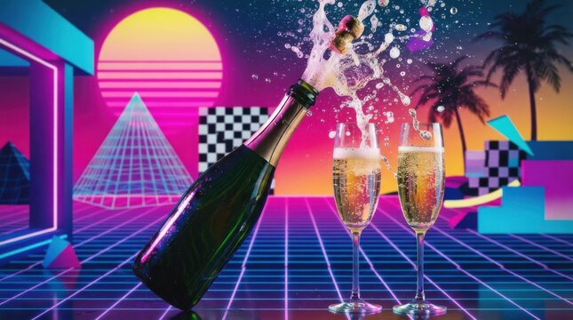 Champagne bottle popping and splashing into two glasses in a retro synthwave setting