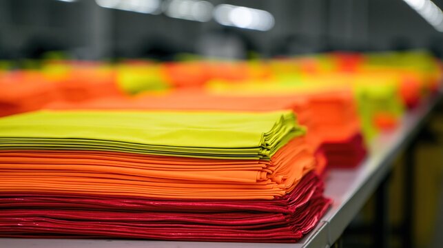 Stack of colorful bright neon protective industrial cleaning microfiber cloths on factory shelf