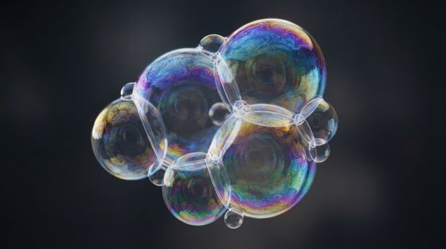 Close-up of iridescent soap bubbles clustered together