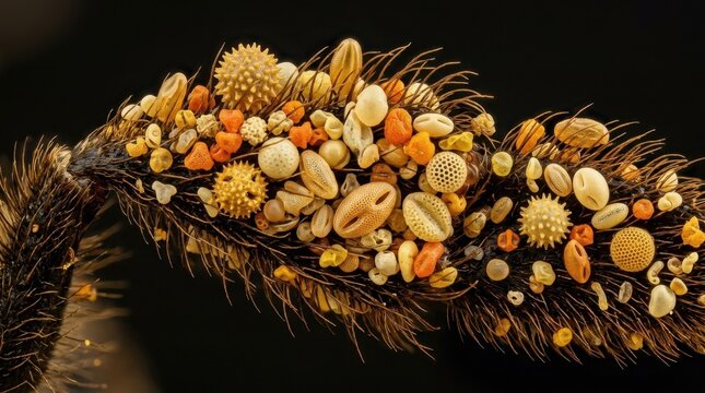 Bee leg covered in pollen grains against dark background for scientific and nature documentation