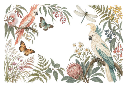 PNG Vintage botanical illustration with parrots, butterflies, dragonfly and foliage