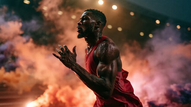 Black male sprinter breathes heavily while running through stadium smoke
