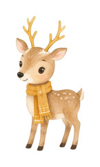 Obraz premium PNG Watercolor reindeer wearing scarf beside snowy Christmas trees