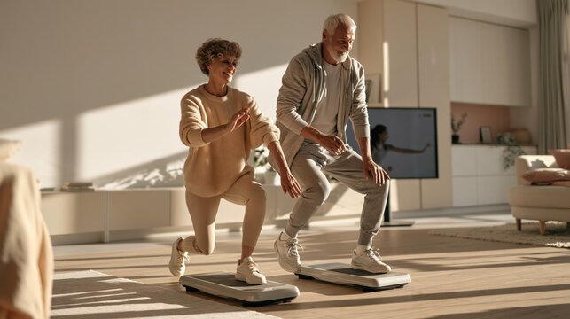 Active senior couple trains together on steppers while watching a fitness class at home