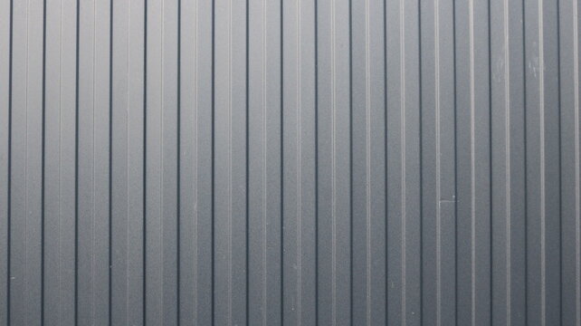 Close-up of the texture of new grey corrugated metal sheeting. A smooth, matte surface featuring distinct vertical ribs and a uniform graphite hue. A clean, minimalist background for construction