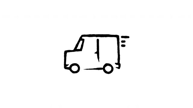 Animated doodle icon of a commercial delivery van truck driving to deliver packages.