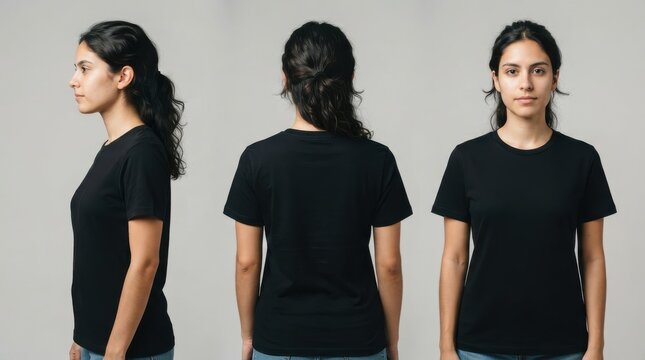 Woman wearing a black t-shirt from multiple angles