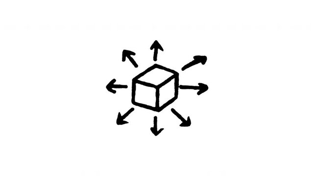Animated doodle icon of a central package box with arrows pointing outward for distribution.