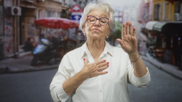 Senior woman with hand on chest and raised palm in busy market street, wearing white shirt and glasses, red nails visible; reflection dignity.