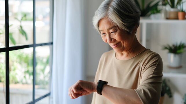 Senior Asian woman checking smartwatch indoors with bright window light behind her