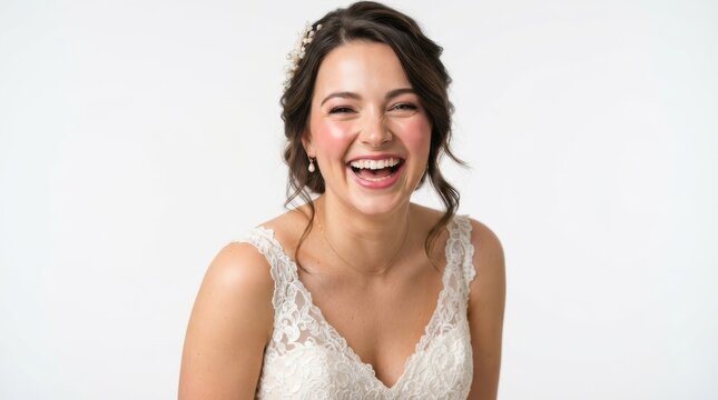 Laughing young bride in a lace wedding dress
