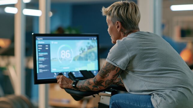Tattooed senior white woman monitors exercise data while seated on gym bicycle