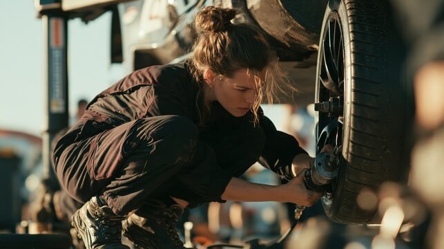 Crouching woman mechanic works closely on the wheel hub of a vehicle