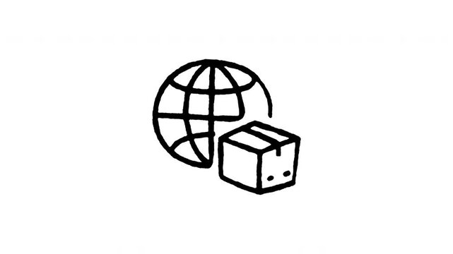 Animated doodle icon of a worldwide globe earth grid with a parcel package box.