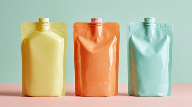 Three glossy refill spout pouches standing on two tone pastel surface