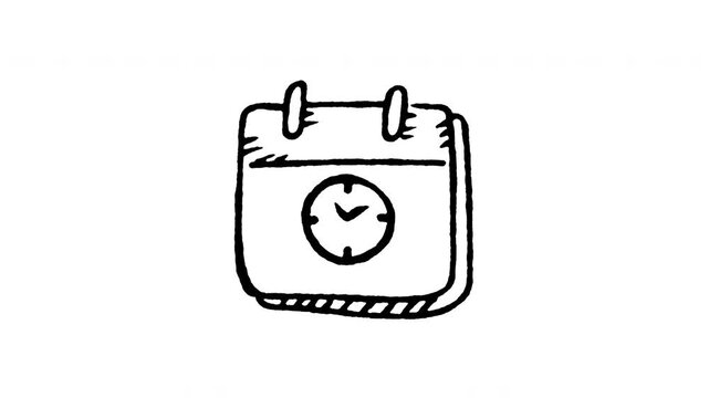 Animated doodle icon of a calendar with a clock face for on time delivery scheduling.