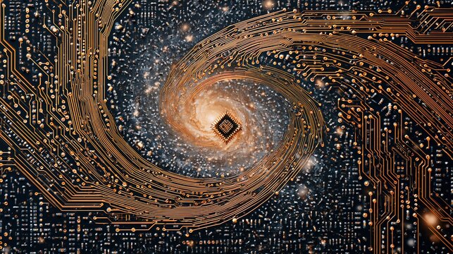 Abstract spiral galaxy swirl pattern made of electronic circuit board traces macro art