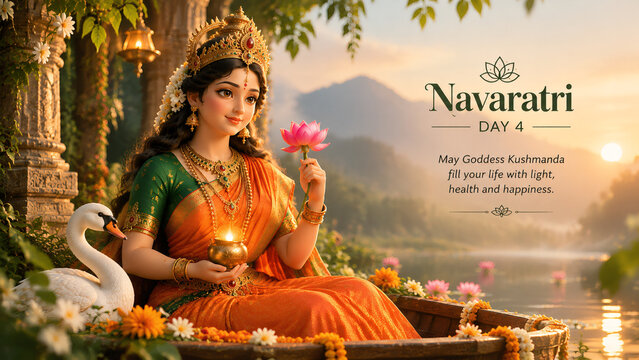 Divine Hindu goddess Kushmanda sitting gracefully inside wooden boat holding glowing diya and lotus flower during Navaratri celebration