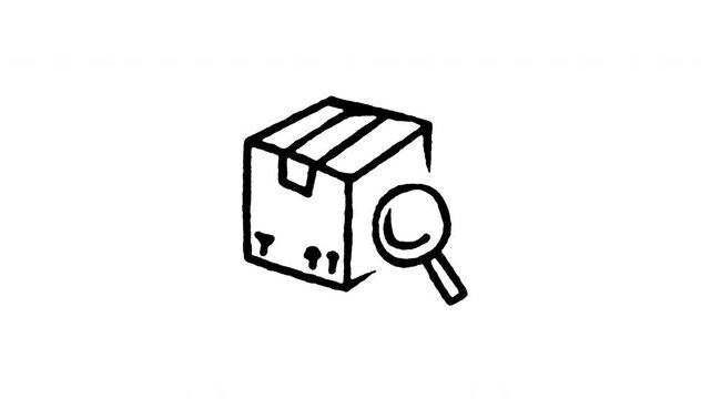Animated doodle icon of a magnifying glass scanning over a cardboard package box.