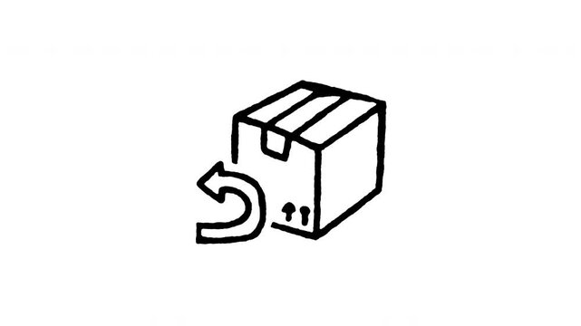Animated doodle icon of a package box with a return arrow for product exchange.