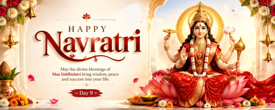 Hindu goddess Maa Siddhidatri sitting on pink lotus flower during Navratri festival celebration with festive typography and bright lighting