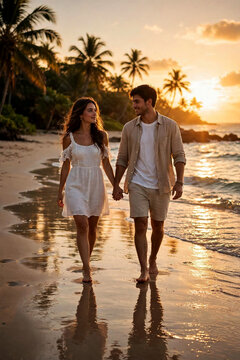 Romantic young couple walking barefoot on a tropical beach at sunset, holding hands, warm golden sunlight, reflections on wet sand, emotional cinematic lifestyle photography, realistic, no text, verti