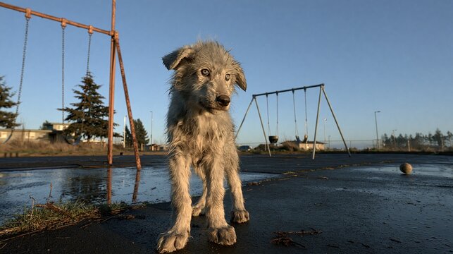 Small scruffy brown puppy stands beneath swings on an empty playground