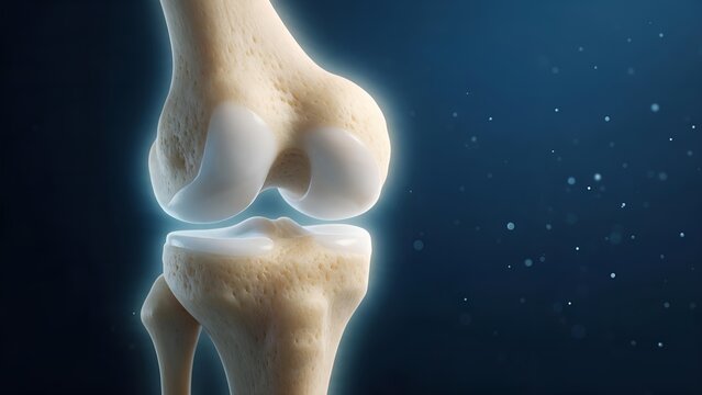 Detailed human knee joint anatomy medical 3D illustration showing bones cartilage and femur tibia connection against dark blue glowing science background