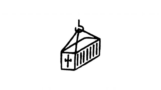 Animated doodle icon of a heavy port crane lifting an intermodal shipping container box.