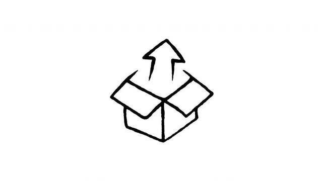 Animated doodle icon of an open cardboard box with an upward arrow for unpacking.