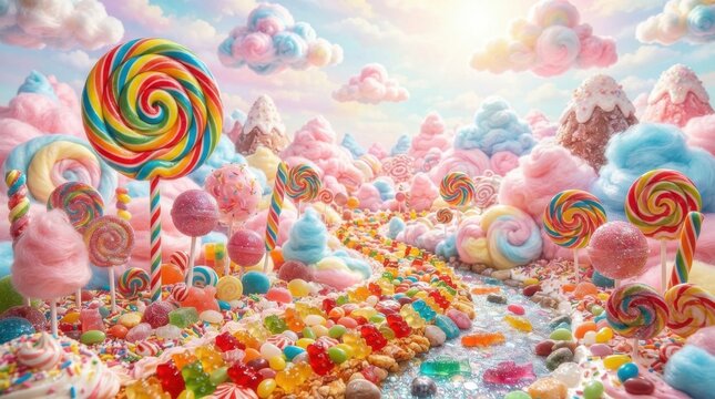 Fantasy candy land landscape with lollipops, cotton candy clouds and jelly beans